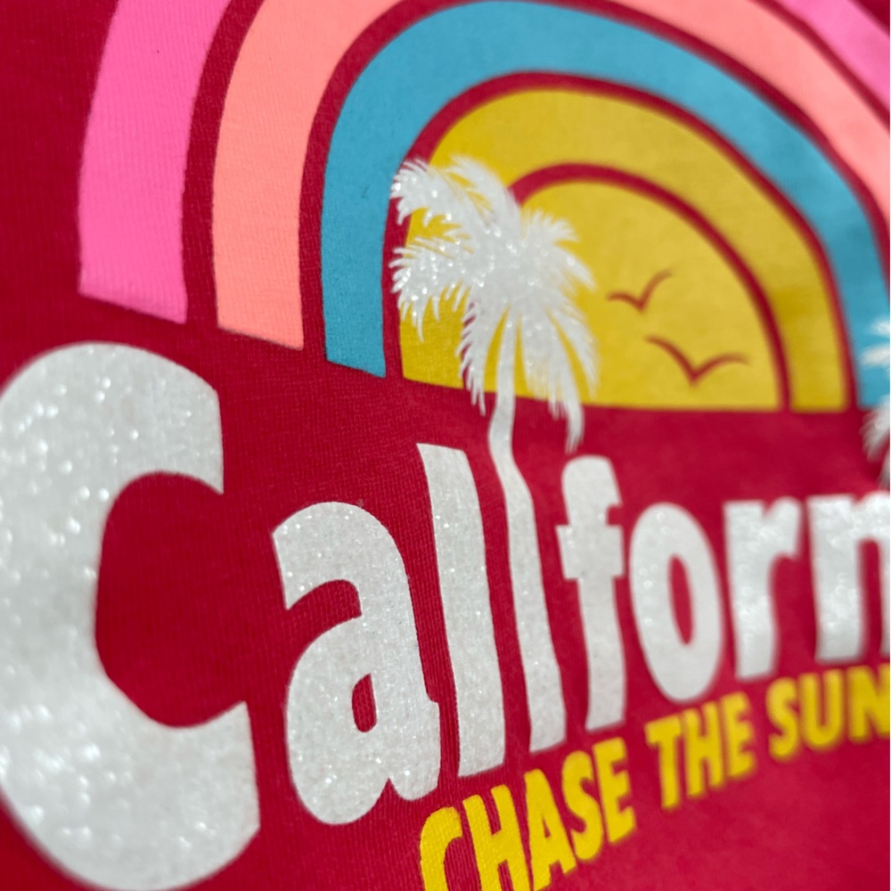 6/$20💥🌈 Rainbow California Silver Glitter Graphic Tee, Raspberry Pink & Teal